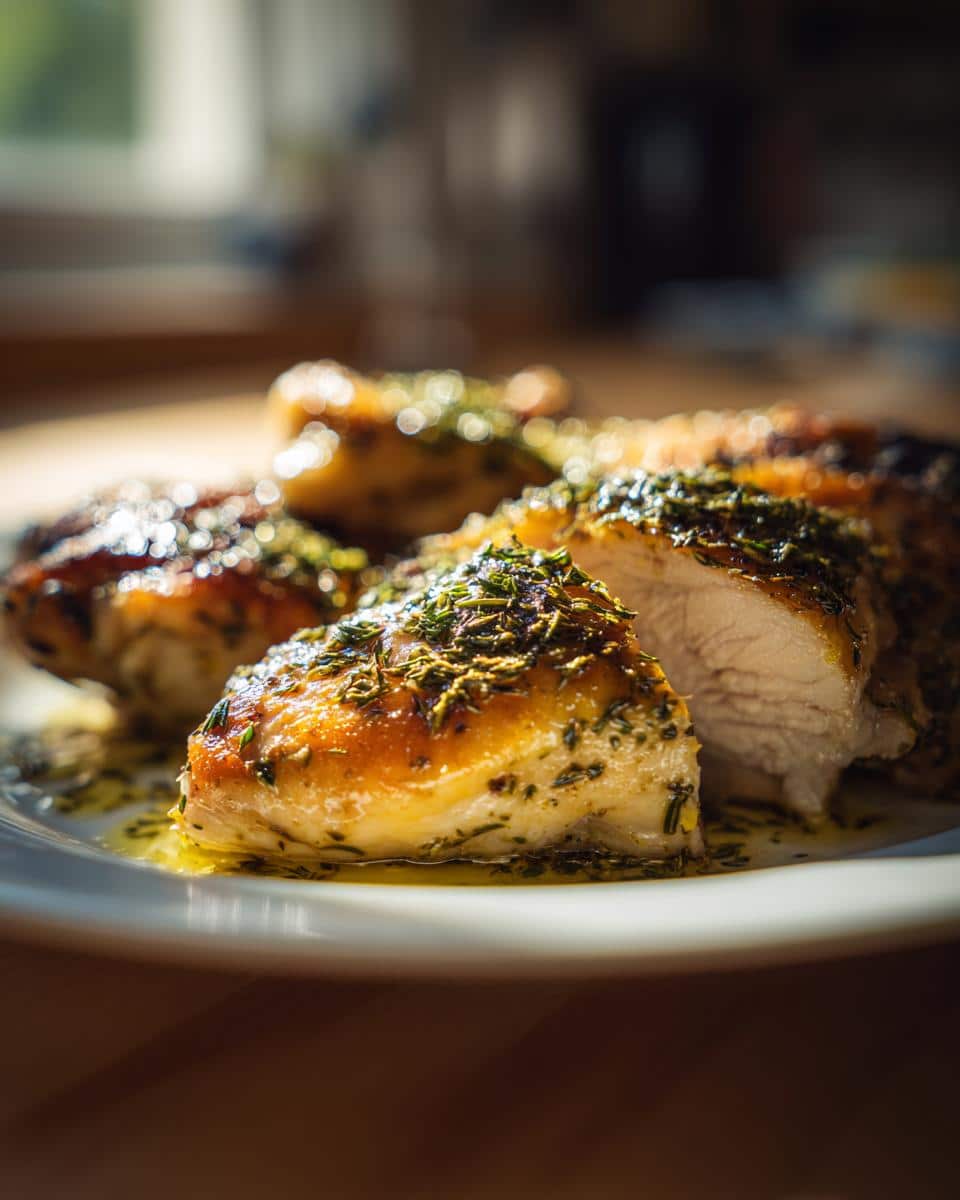 Close-up of perfectly cooked Lemon Herb Chicken Breast, glistening with herbs and pan juices, with one piece sliced open.