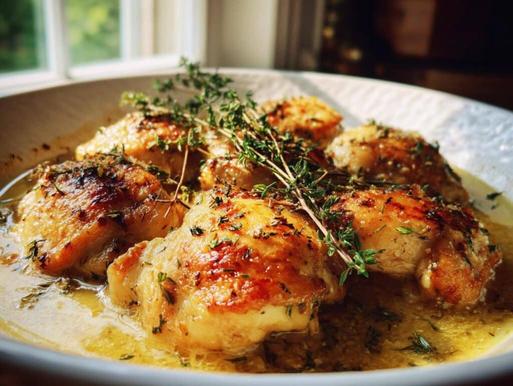 Close-up of golden brown Lemon Herb Chicken Casserole in a white dish, garnished with fresh thyme.