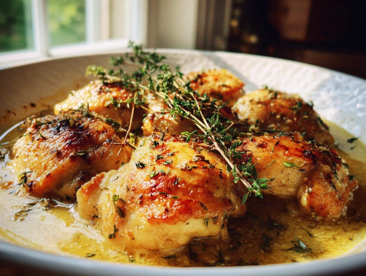 Close-up of golden brown Lemon Herb Chicken Casserole in a white dish, garnished with fresh thyme.