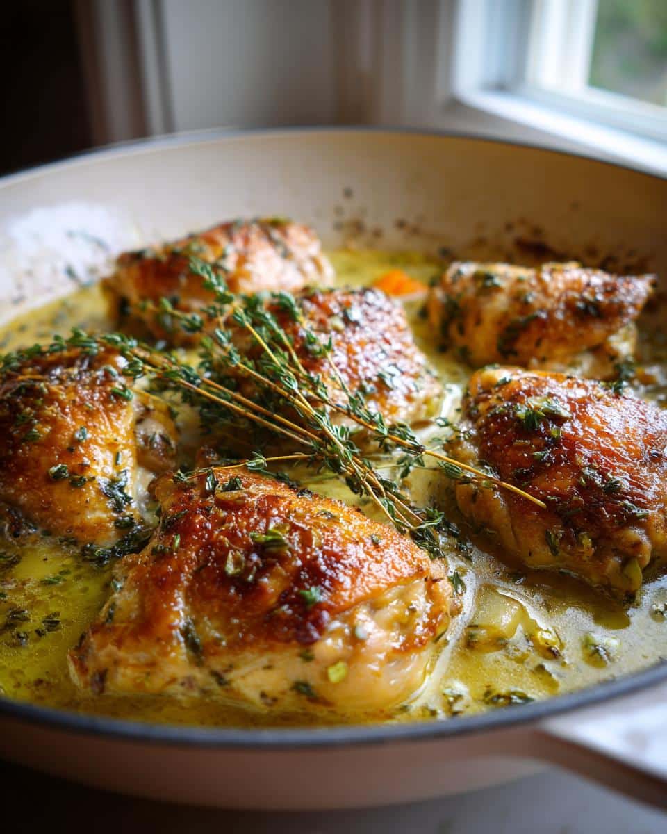 Golden brown chicken thighs simmering in a lemon herb sauce in a casserole dish, garnished with fresh thyme. This is a Lemon Herb Chicken Casserole.