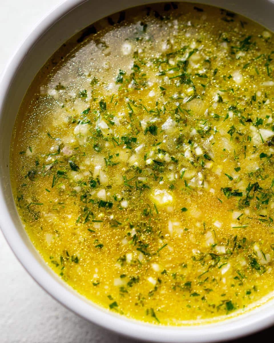 A close-up of a white bowl filled with bright yellow Lemon Herb Soup, garnished with fresh green herbs and small white pieces of garlic or onion.