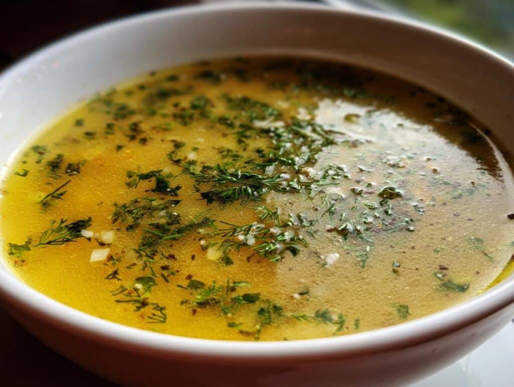 A close-up of a bowl of golden Lemon Herb Soup, garnished with fresh green herbs and small pieces of garlic.