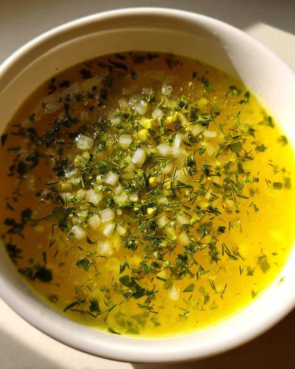 Close-up of a bright yellow Lemon Herb Soup in a white bowl, garnished with fresh chopped herbs and diced onions.