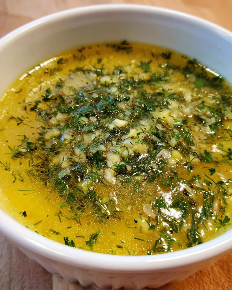 A close-up of a bowl of bright yellow Lemon Herb Soup, garnished generously with fresh green herbs and minced garlic.