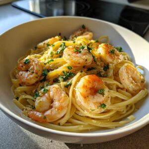 A close-up shot of a white bowl filled with Lemon Pepper Shrimp Pasta, garnished with fresh parsley.