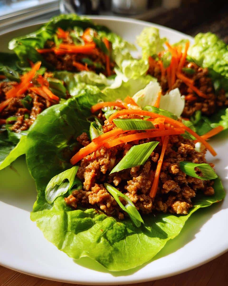 Close-up of several vibrant Lettuce Wraps with Ground Turkey, garnished with shredded carrots and green onions on a white plate.