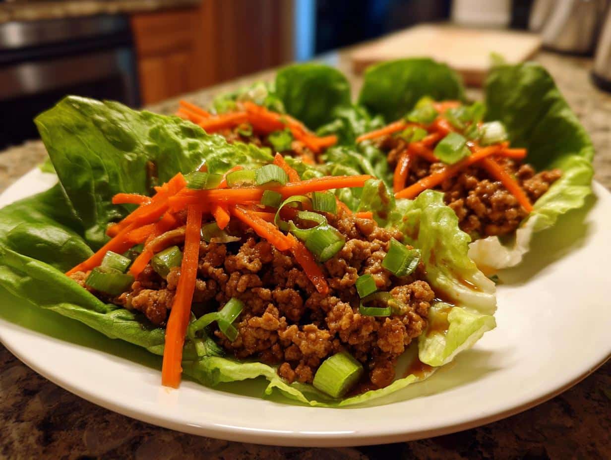 Close-up of two vibrant Lettuce Wraps with Ground Turkey, garnished with shredded carrots and chopped green onions on a white plate.