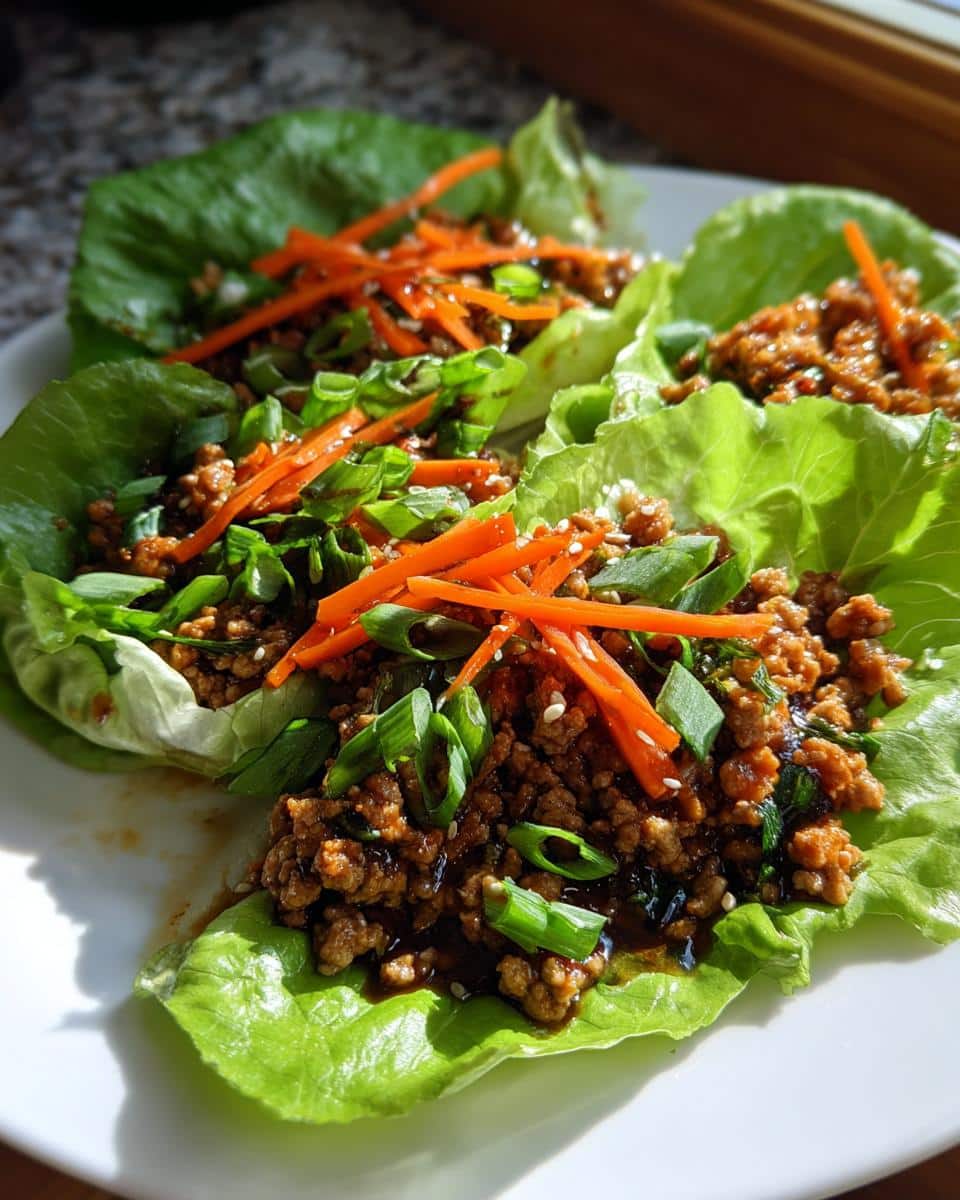 Three vibrant Lettuce Wraps with Ground Turkey, garnished with shredded carrots, green onions, and sesame seeds on a white plate.