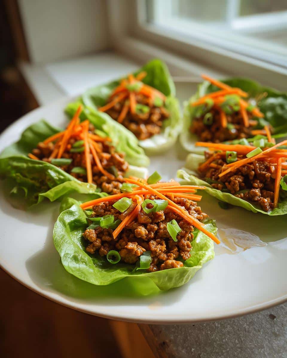 A plate of several fresh Lettuce Wraps with Ground Turkey, topped with shredded carrots and green onions.