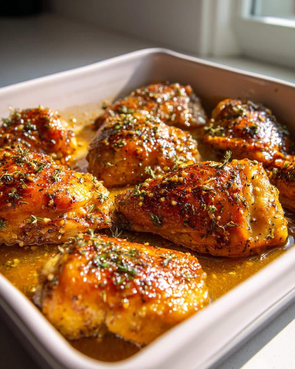 Close-up of golden brown Maple Mustard Baked Chicken Breasts in a white baking dish, garnished with fresh herbs.