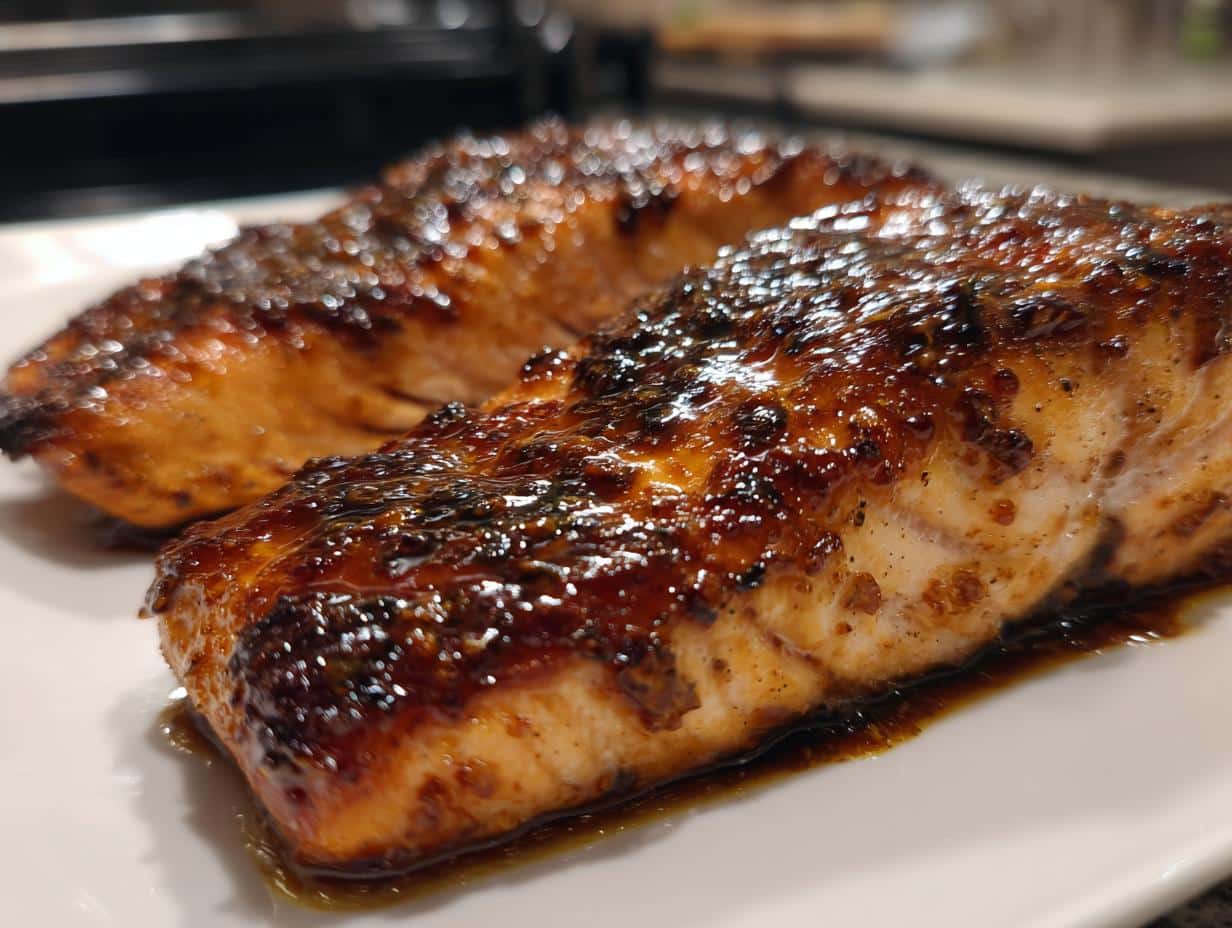 Two perfectly cooked Maple Mustard Salmon fillets with a glossy, caramelized glaze on a white plate.