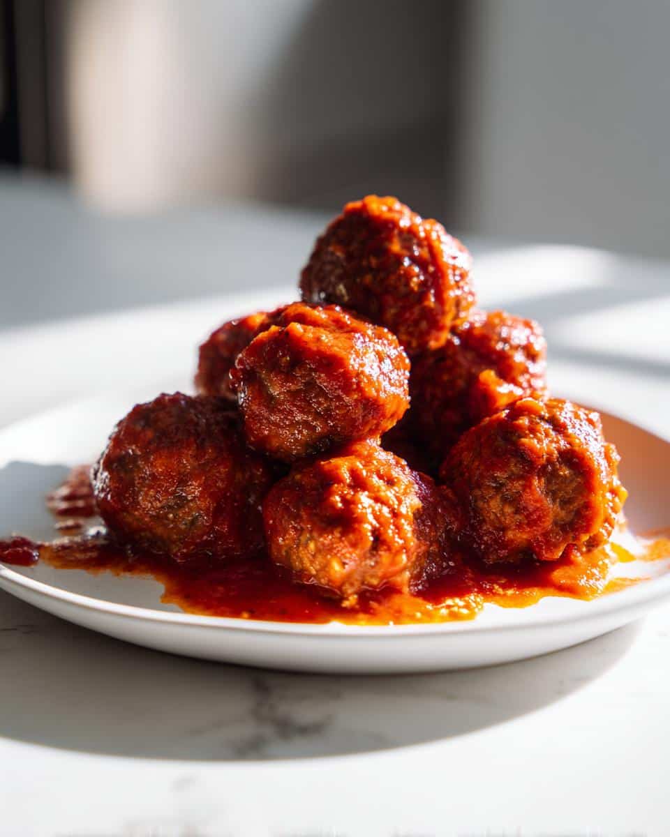 A close-up shot of a pile of juicy Meatball Marinara with Ground Beef on a white plate, glistening with rich red sauce.