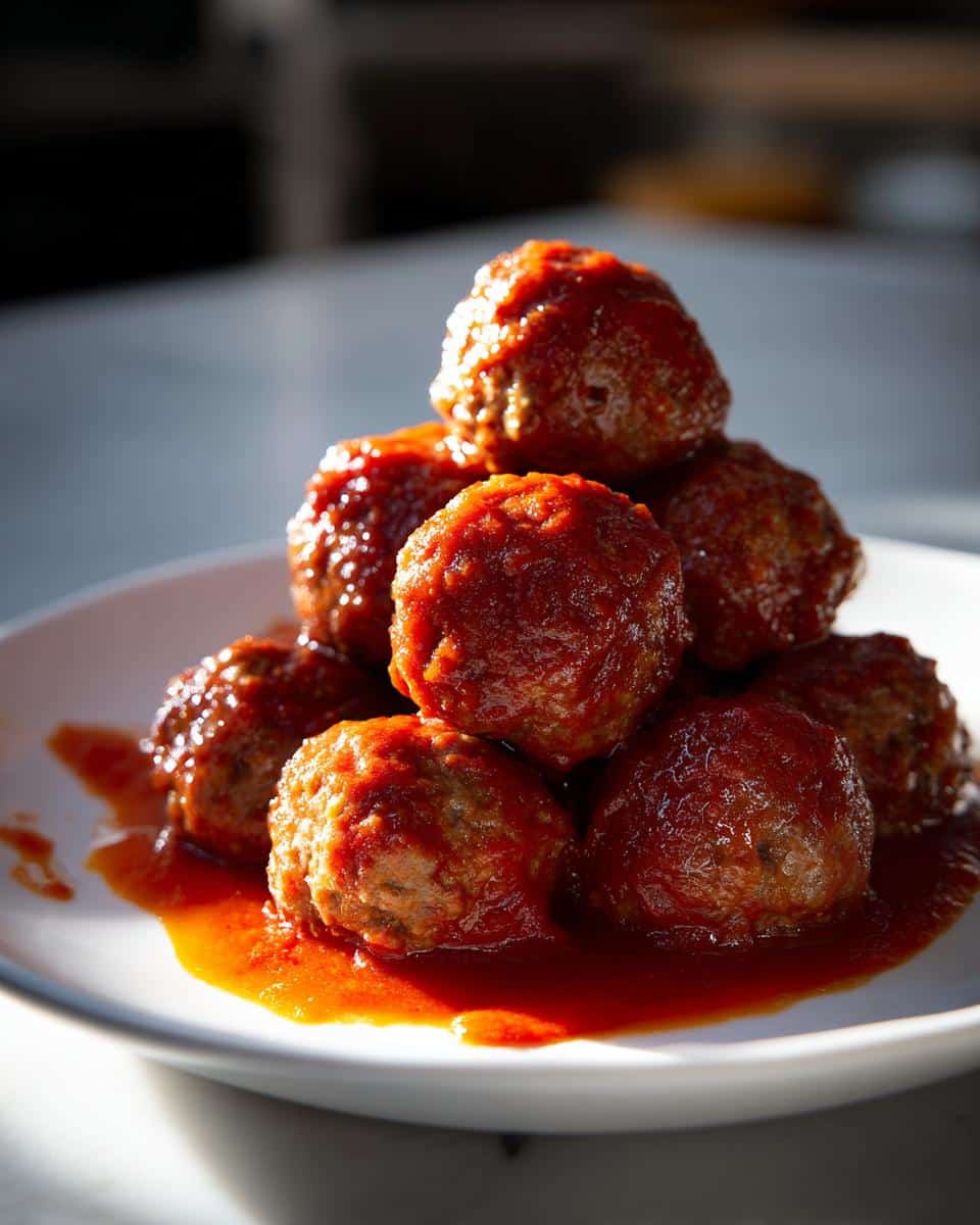 A close-up of a stack of Meatball Marinara with Ground Beef on a white plate, glistening with rich red sauce.