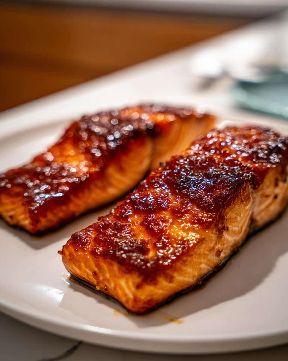 Two glistening fillets of Miso Glazed Salmon on a white plate, showing the caramelized glaze and tender fish.