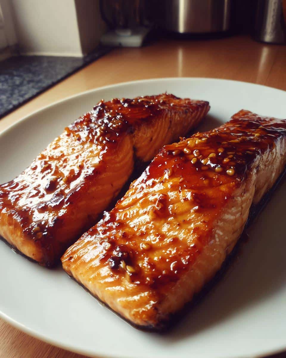 Two glistening fillets of Miso Glazed Salmon on a white plate, showing the rich, caramelized glaze and sesame seeds.