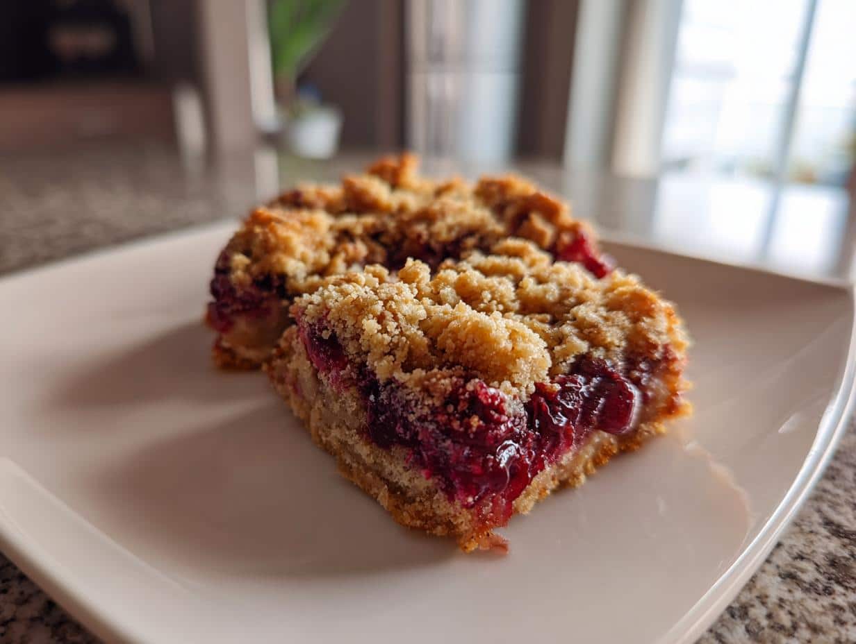 Two homemade Mixed Berry Crumble Bars on a white plate, showing the golden crumble topping and vibrant berry filling.