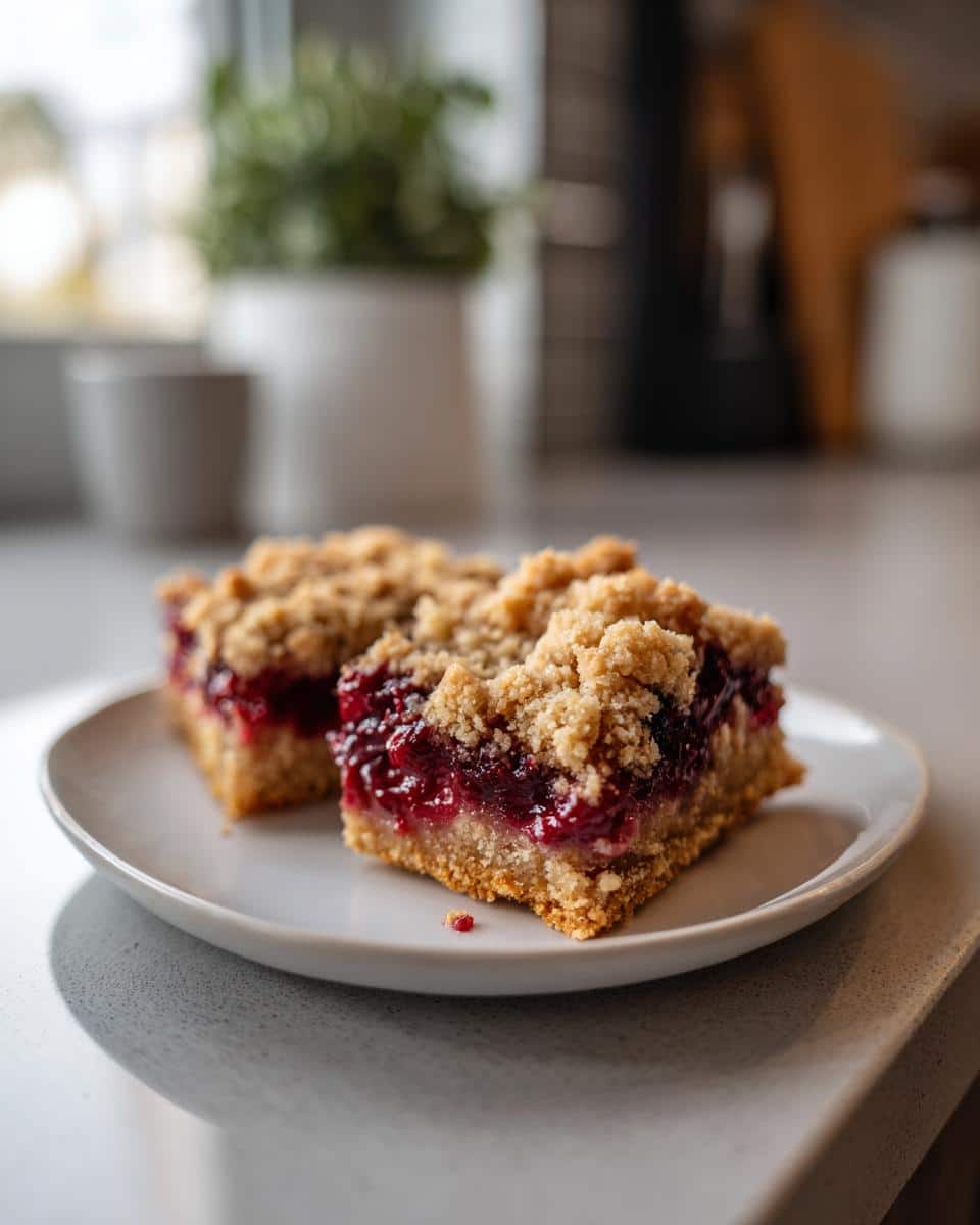 Two square Mixed Berry Crumble Bars with a golden crumb topping and vibrant red berry filling on a white plate.