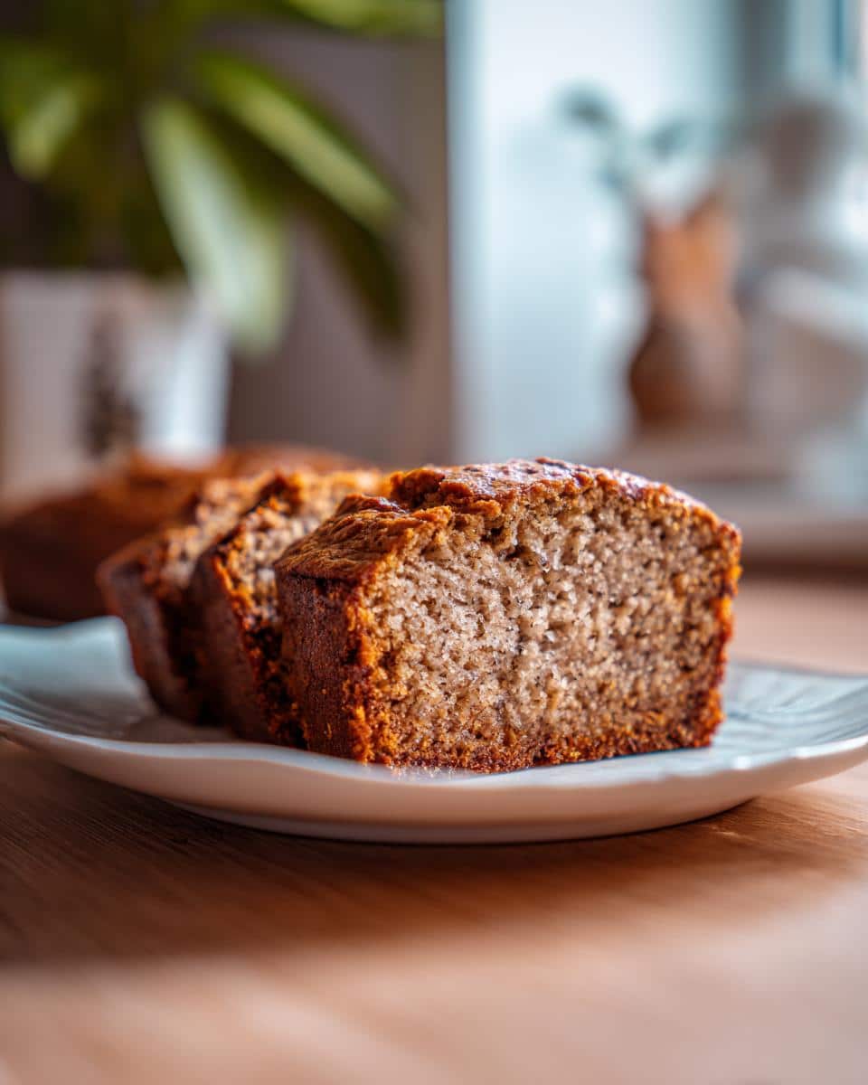Close-up of several slices of golden brown, moist banana bread on a white plate, showing the soft, textured interior.