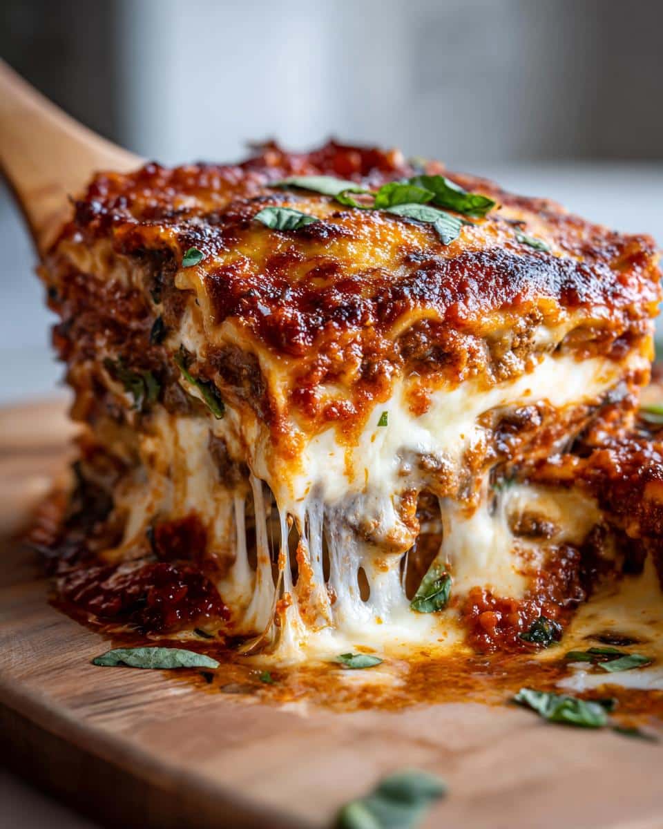Easy 5-Step Mushroom and Ricotta Lasagna That Never Fails 3 A close-up of a generous slice of Mushroom and Ricotta Lasagna being lifted, with melted cheese stretching.