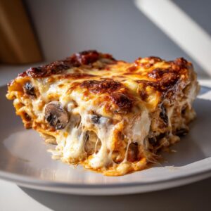 Easy 5-Step Mushroom and Ricotta Lasagna That Never Fails 6 A close-up of a golden-brown slice of Mushroom and Ricotta Lasagna on a white plate, with melted cheese stretching.