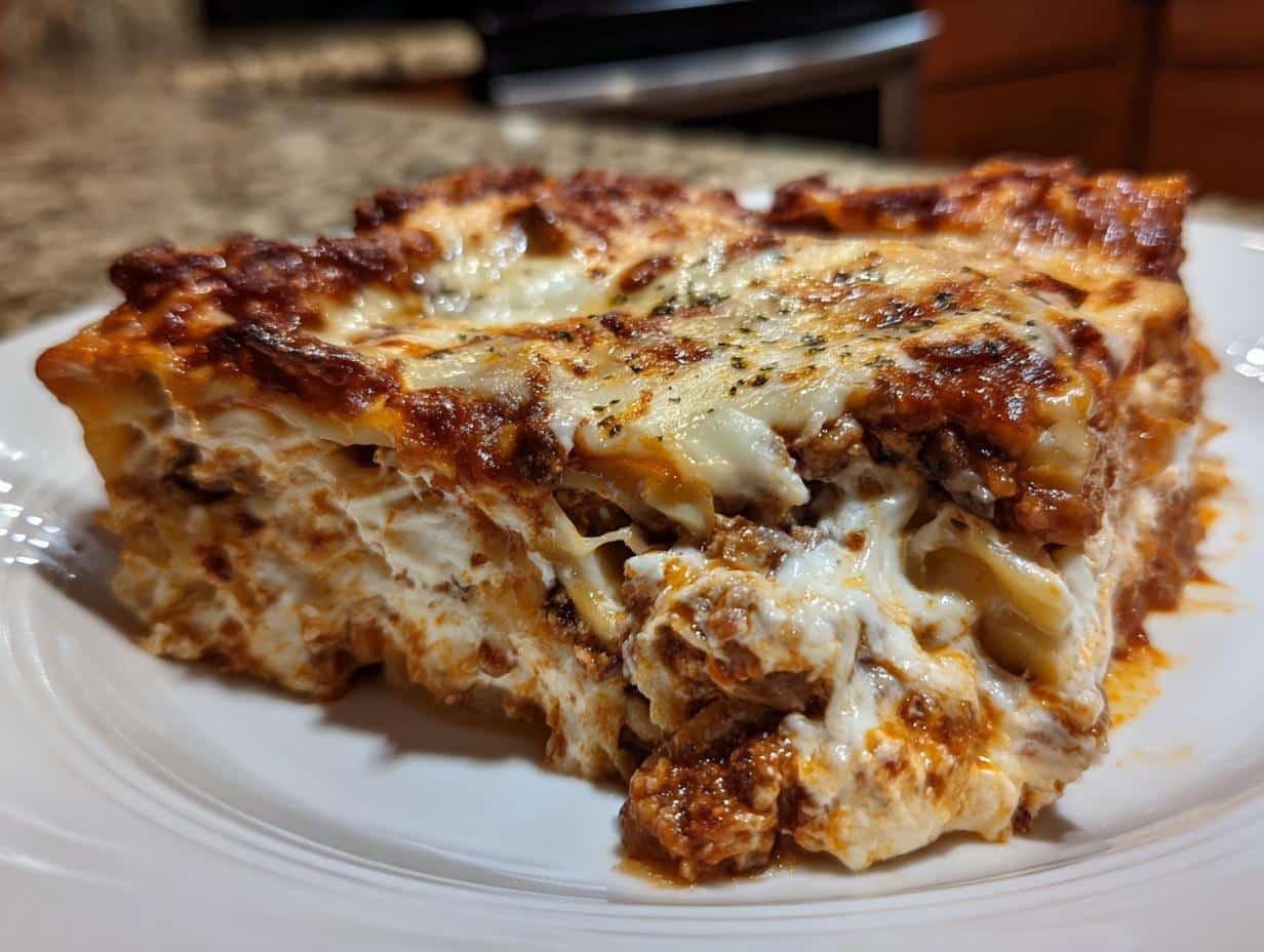 Easy 5-Step Mushroom and Ricotta Lasagna That Never Fails 1 A generous slice of Mushroom and Ricotta Lasagna on a white plate, showing layers of pasta, rich tomato sauce, and creamy ricotta cheese.