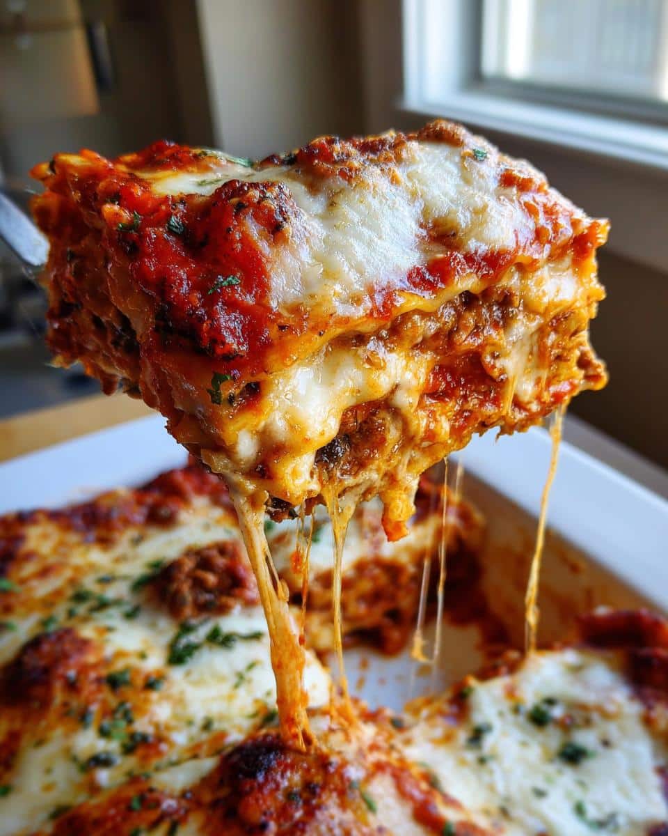 Easy 5-Step Mushroom and Ricotta Lasagna That Never Fails 4 A spatula lifting a cheesy, saucy slice of Mushroom and Ricotta Lasagna from a baking dish, with cheese stretching.