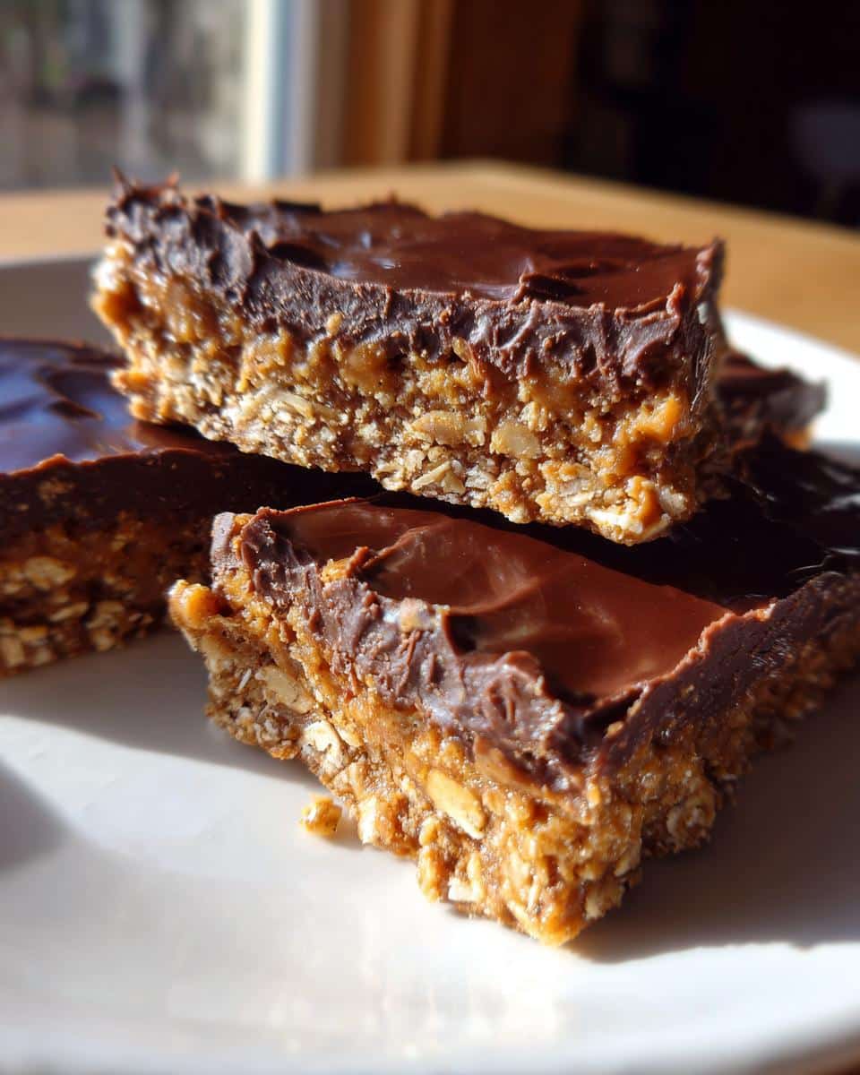 Close-up of a stack of delicious No Bake Chocolate Peanut Butter Bars on a white plate, showing the chocolate topping and peanut butter base.