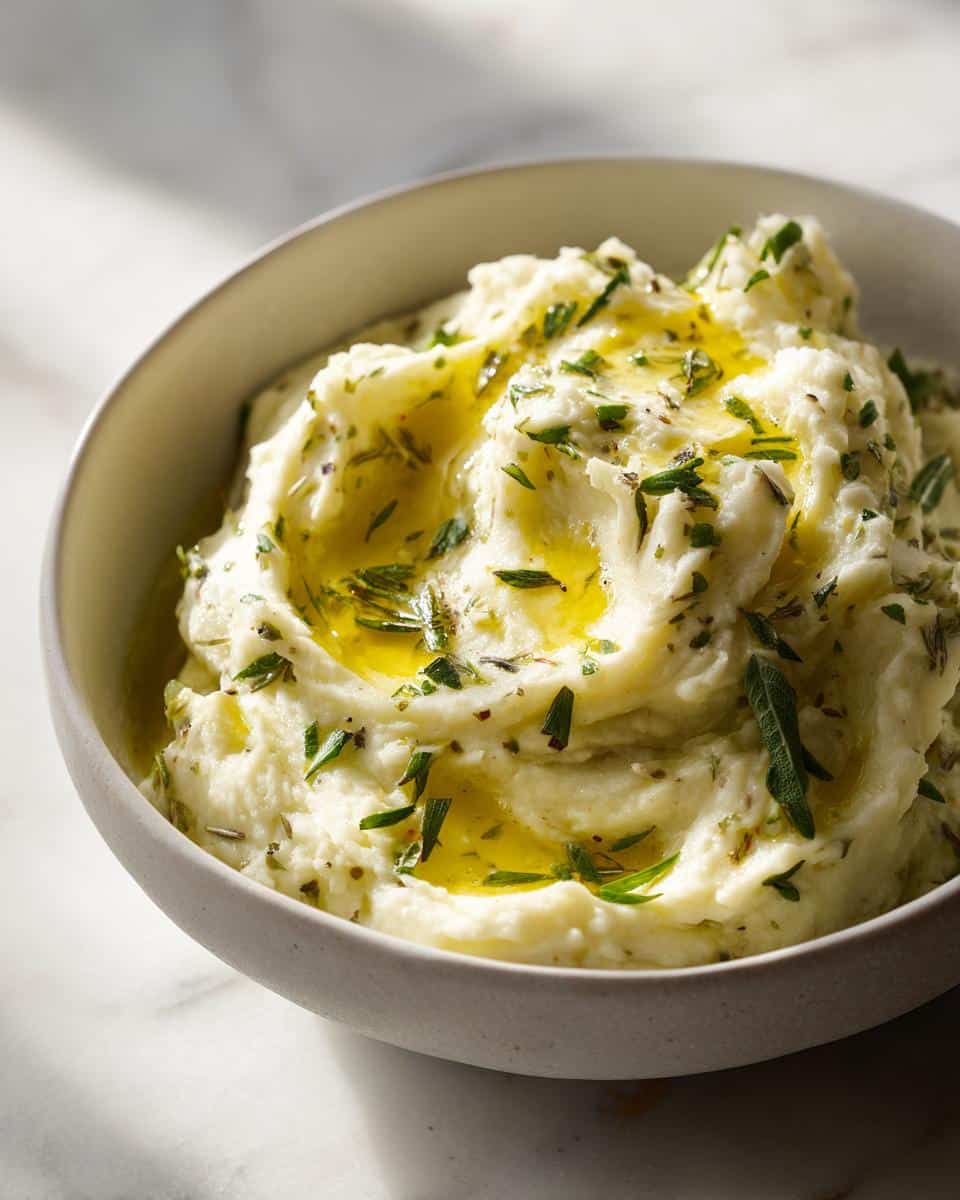 A bowl of creamy Olive Oil and Herb Mashed Potatoes, drizzled with olive oil and garnished with fresh herbs.