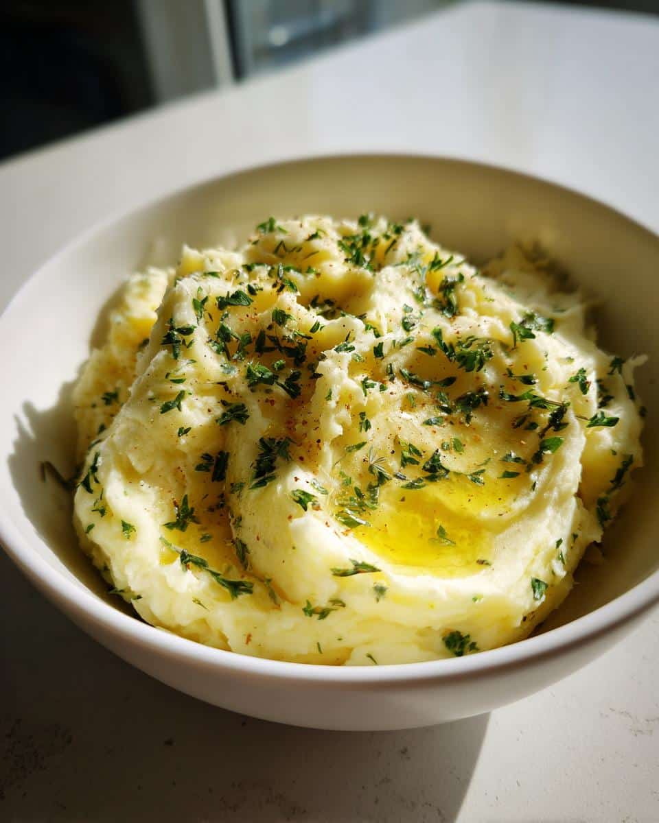 A close-up of a white bowl filled with creamy Olive Oil and Herb Mashed Potatoes, garnished with fresh parsley and a drizzle of olive oil.