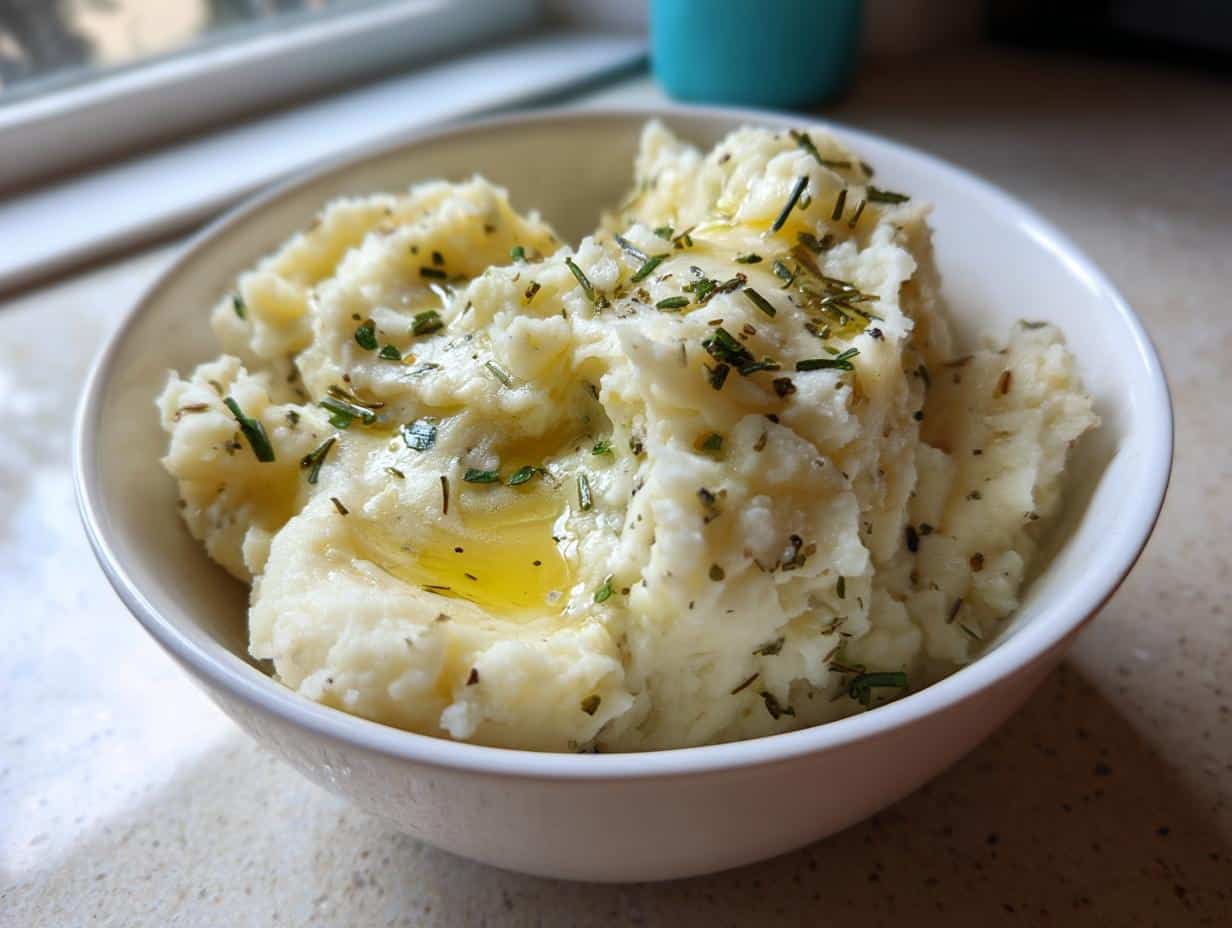 A white bowl filled with creamy Olive Oil and Herb Mashed Potatoes, garnished with fresh herbs and a drizzle of olive oil.