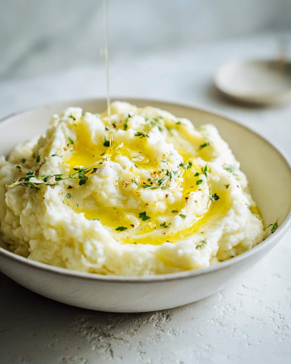 A bowl of creamy Olive Oil and Herb Mashed Potatoes being drizzled with olive oil, garnished with fresh herbs.