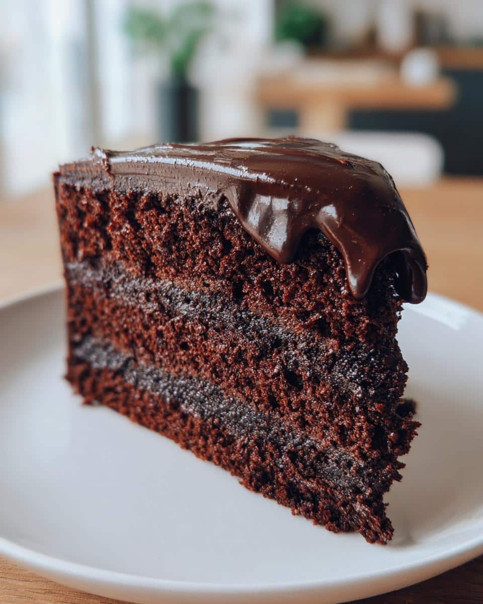 A close-up of a slice of moist One Bowl Chocolate Cake with Ganache, showing rich chocolate layers and dripping ganache.