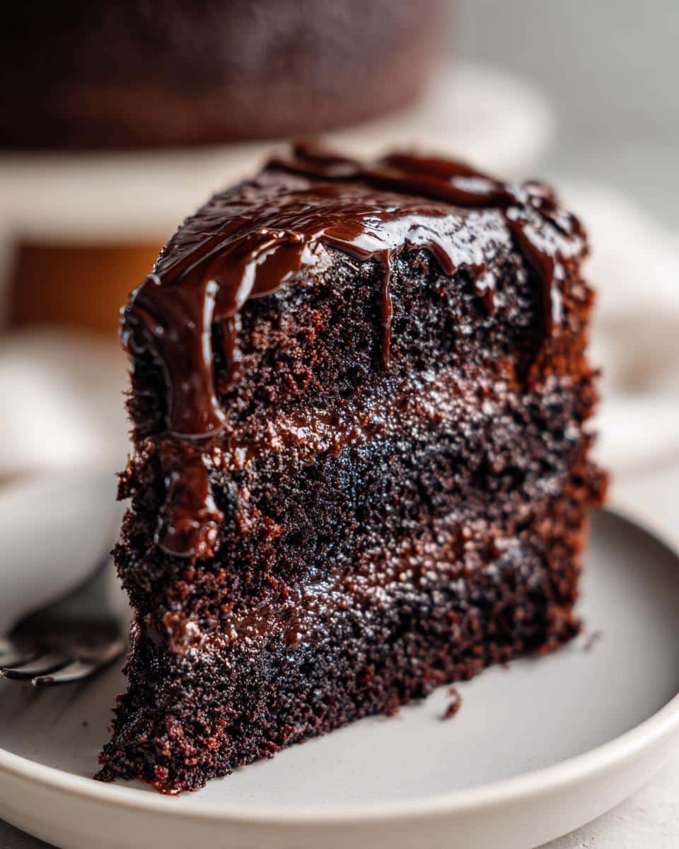 Close-up of a slice of rich One Bowl Chocolate Cake with Ganache, featuring moist cake layers and glossy chocolate topping.