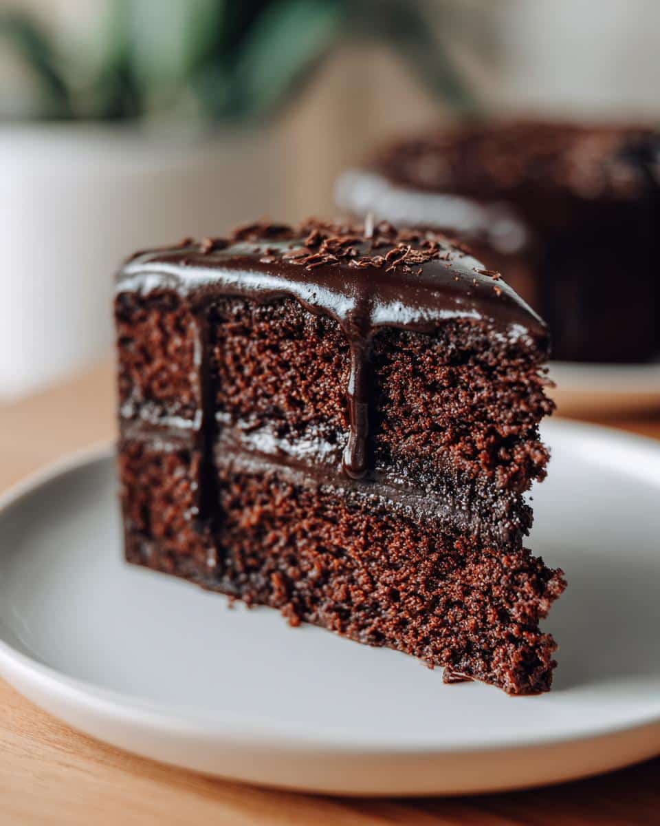 A close-up of a rich slice of One Bowl Chocolate Cake with Ganache, topped with chocolate shavings.