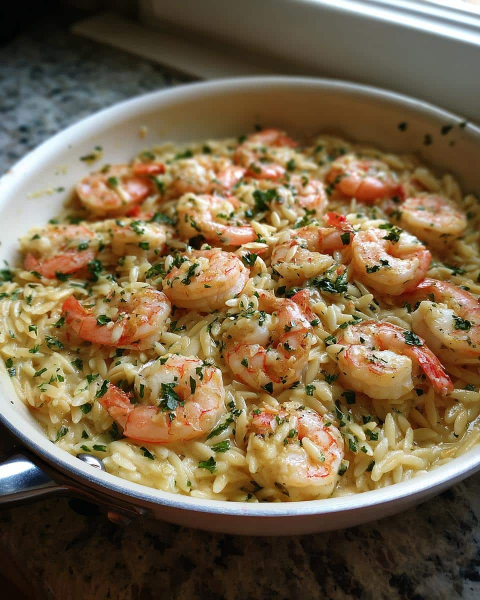 Close-up of One Pan Lemon Garlic Shrimp Orzo in a white skillet, garnished with fresh parsley.