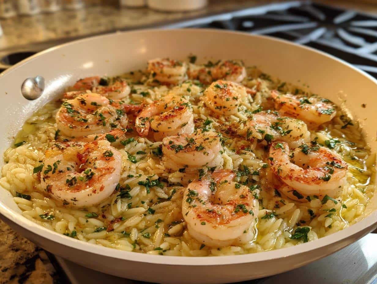 Close-up of One Pan Lemon Garlic Shrimp Orzo in a white skillet, garnished with fresh parsley.