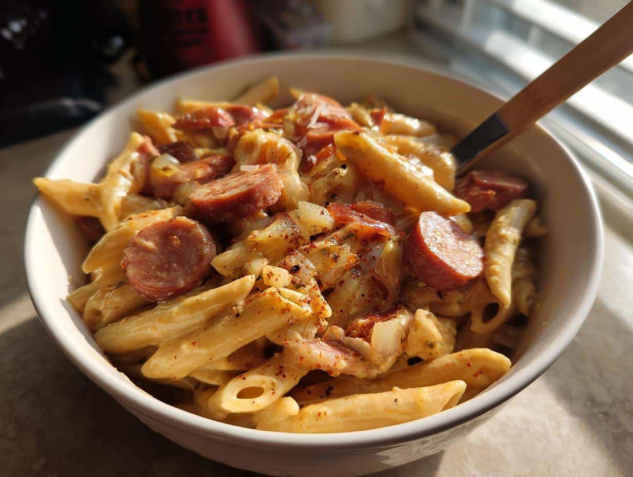 A close-up of a bowl of creamy One Pot Cajun Sausage Pasta, featuring penne, sliced sausage, and spices.