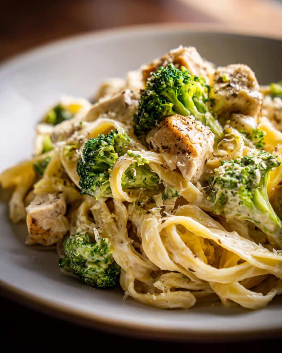 A close-up of a creamy One Pot Chicken and Broccoli Alfredo dish with fettuccine pasta, chicken pieces, and broccoli florets.