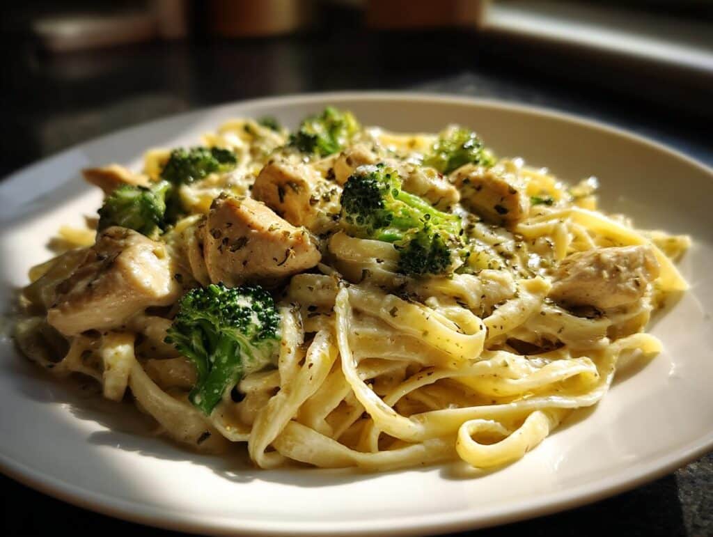 Close-up of a plate of One Pot Chicken and Broccoli Alfredo, featuring fettuccine pasta, chicken pieces, and broccoli florets in a creamy sauce.