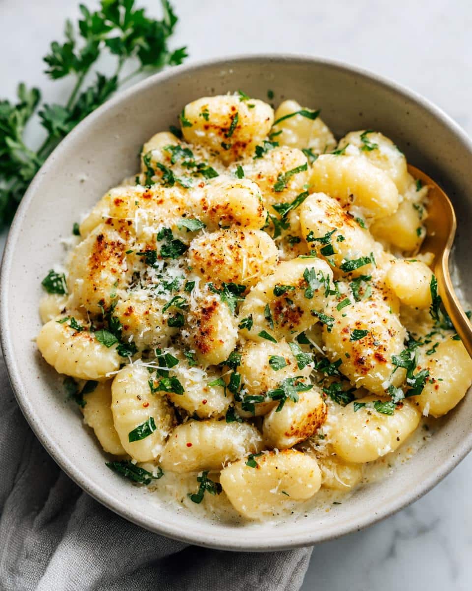 A close-up of a bowl filled with One Pot Creamy Garlic Parmesan Gnocchi, garnished with fresh parsley and a golden spoon.