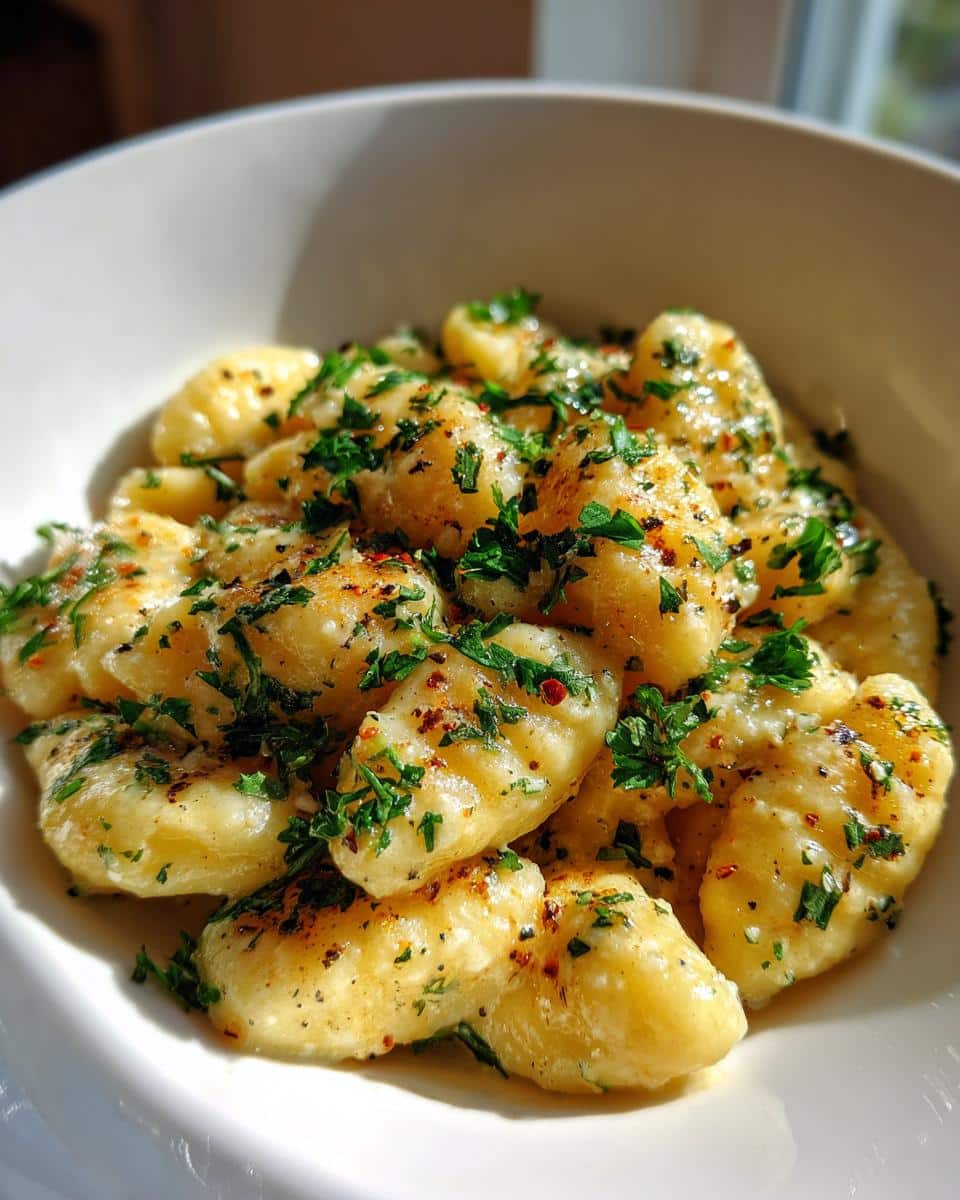 Close-up of a bowl filled with One Pot Creamy Garlic Parmesan Gnocchi, garnished with fresh parsley and red pepper flakes.