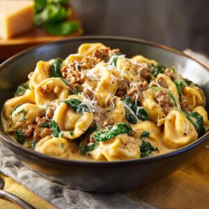 Close-up of a dark bowl filled with One Pot Creamy Spinach and Sausage Tortellini, topped with grated cheese.