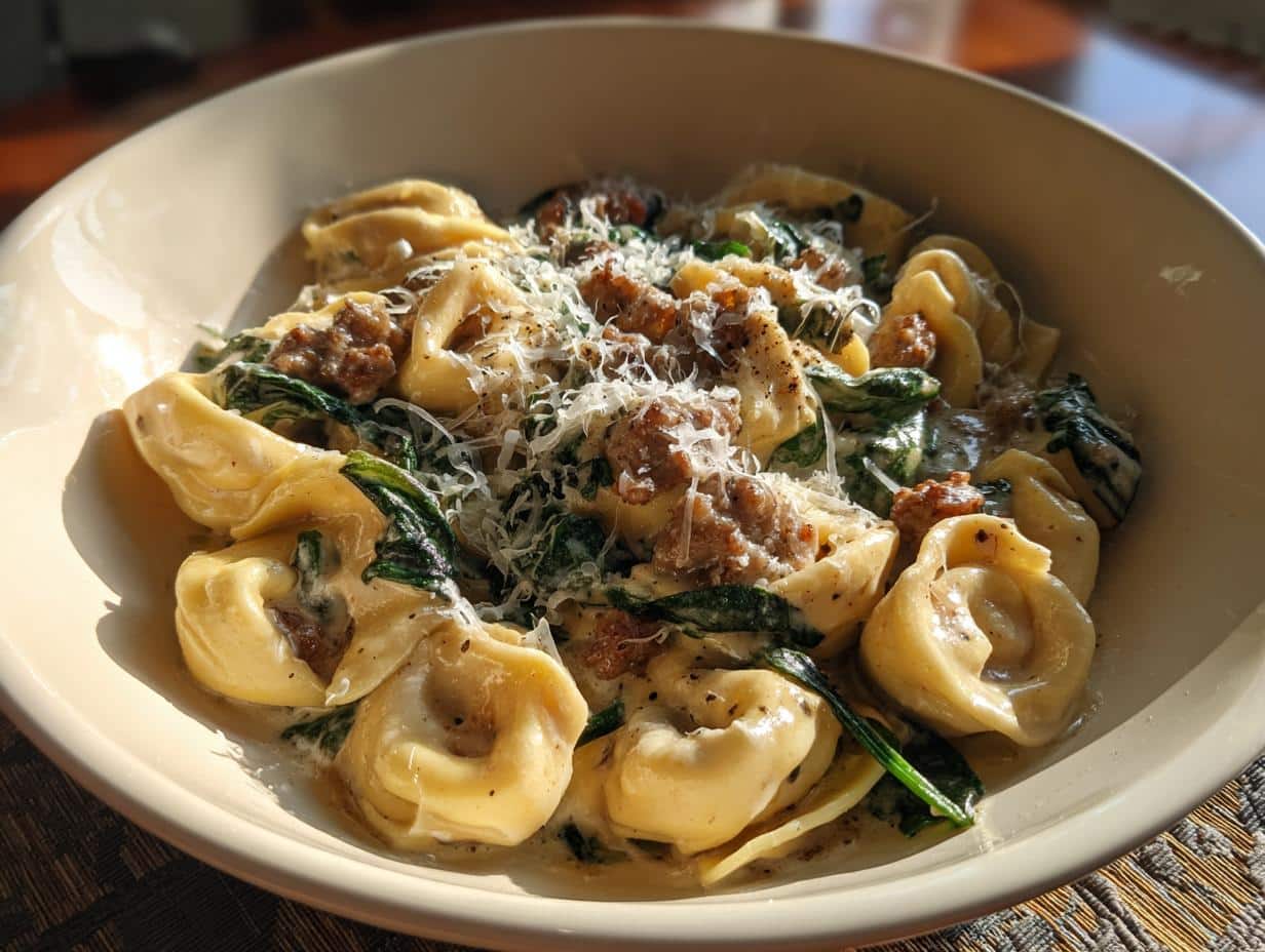 A close-up of a bowl of One Pot Creamy Spinach and Sausage Tortellini, topped with grated Parmesan cheese.