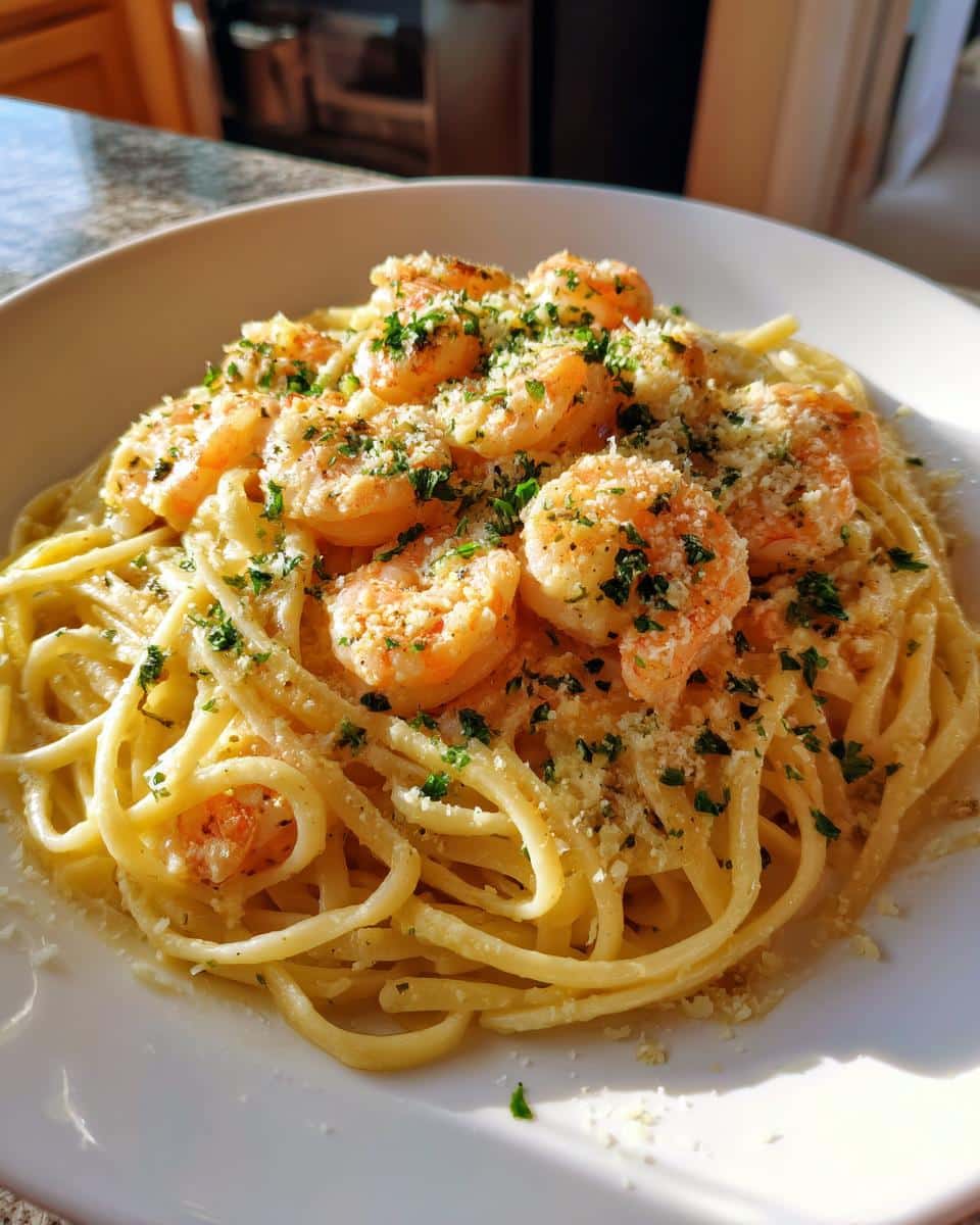 A close-up of a white bowl filled with One Pot Garlic Butter Shrimp Linguine, garnished with parsley and parmesan cheese.