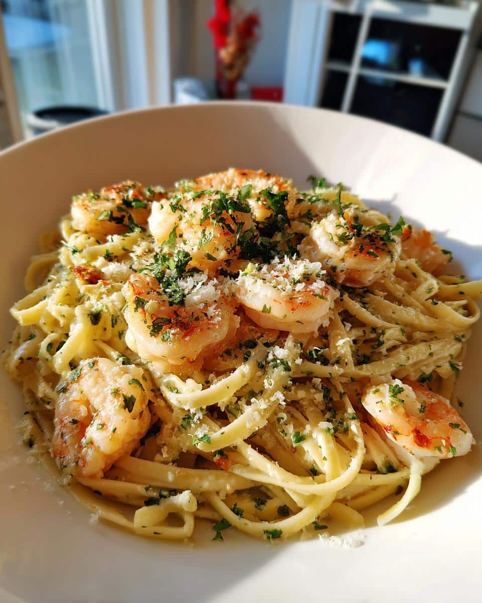 A close-up of a bowl of One Pot Garlic Butter Shrimp Linguine, garnished with fresh parsley and grated cheese.