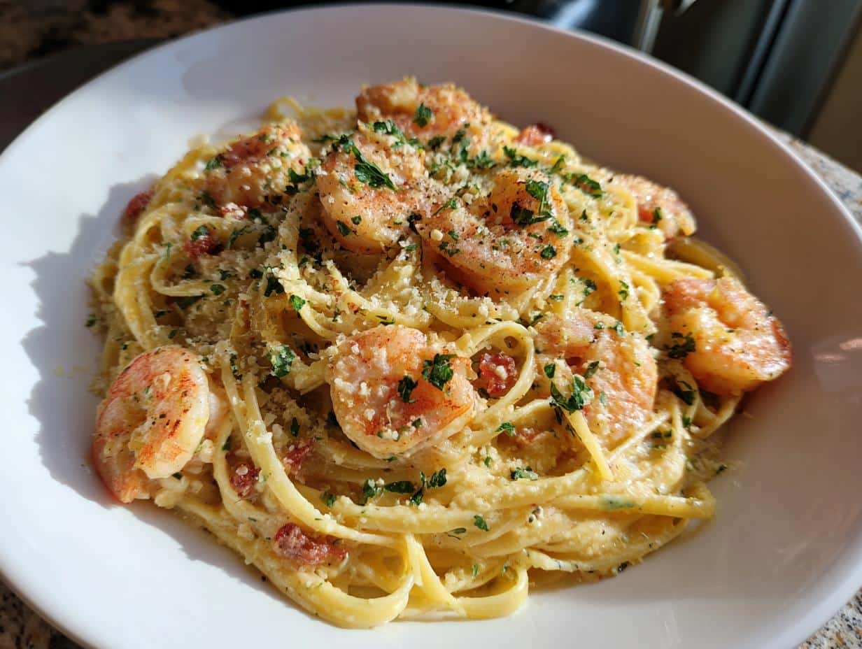 A close-up of a white bowl filled with creamy One Pot Garlic Butter Shrimp Linguine, garnished with parsley and parmesan.