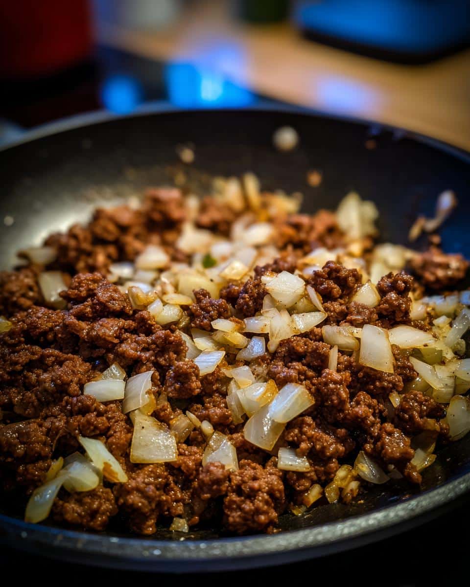Close-up of browned ground beef and diced white onions cooking in a black skillet, essential for a One Pot Ground Beef Skillet.