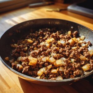 Close-up of browned One Pot Ground Beef Skillet with diced onions cooking in a pan on a wooden surface.