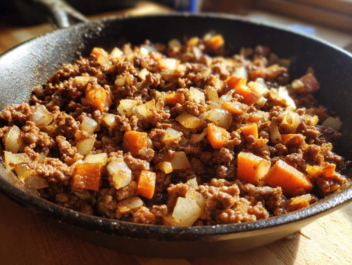 Close-up of a One Pot Ground Beef Skillet cooking, showing browned ground beef, diced onions, and carrots in a dark skillet.