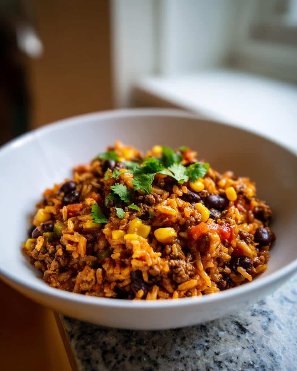 A close-up shot of a white bowl filled with One Pot Mexican Rice with Ground Beef, garnished with fresh cilantro.